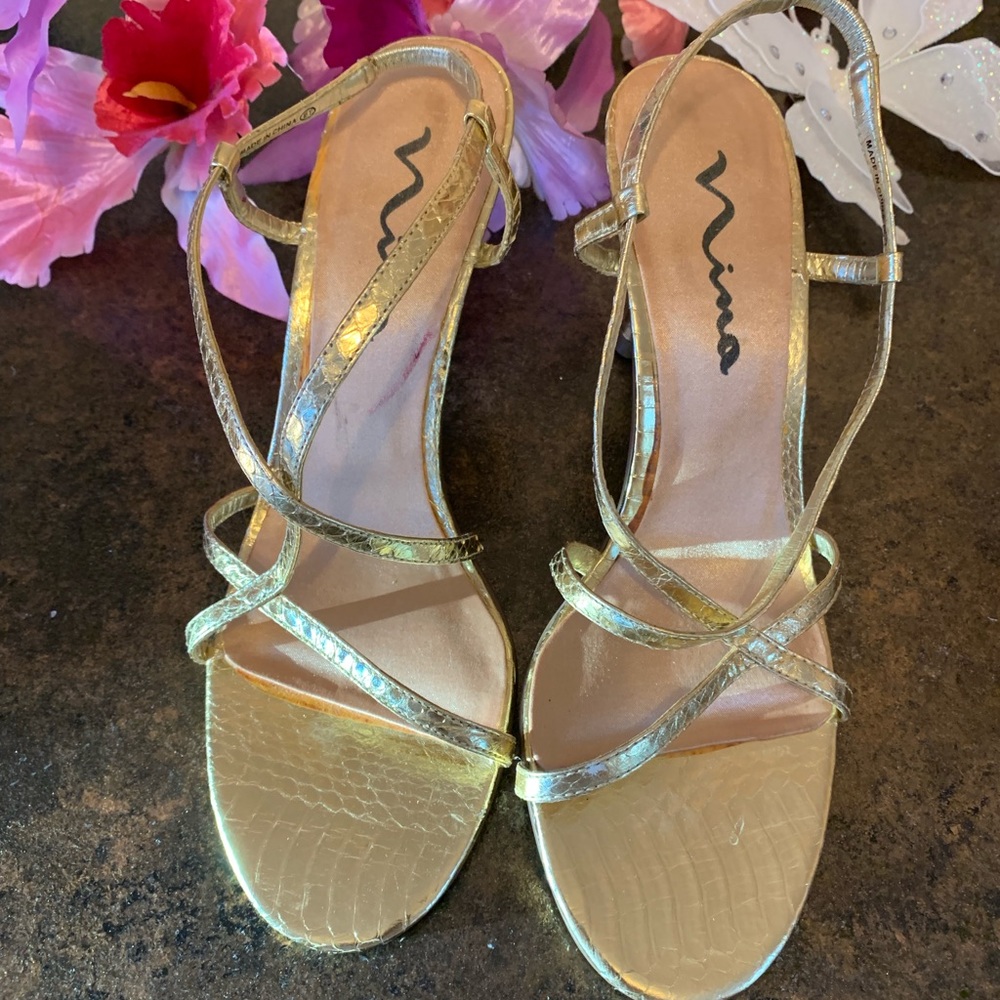 🌈 Nina Gold Leather Strappy Heels